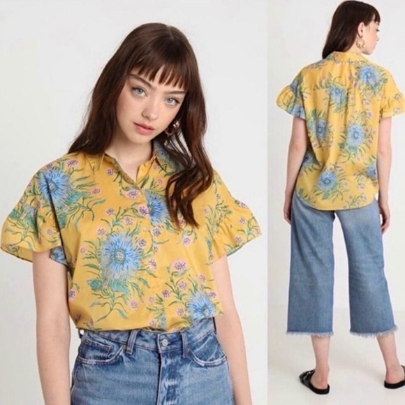 MADEWELL | RUFFLE SLEEVE BUTTON DOWN SHIRT PAINTED BLOOMS VAN GREEK GOLD MEDIUM - Picture 2 of 9